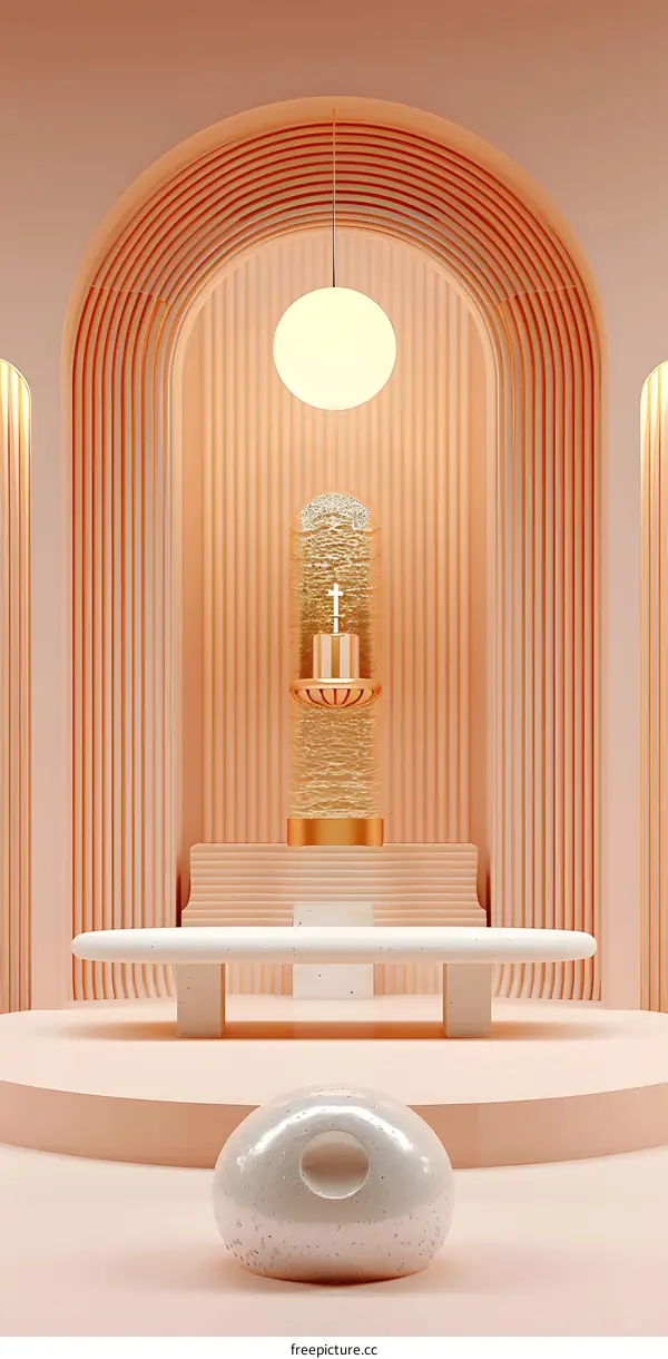 Minimalist Interior Design With White Stone Bench And Gold Cross