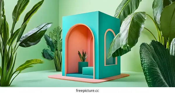 Green Minimalist Room With Archways and Plants