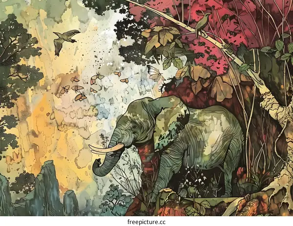 Elephant Watercolor Painting in Jungle