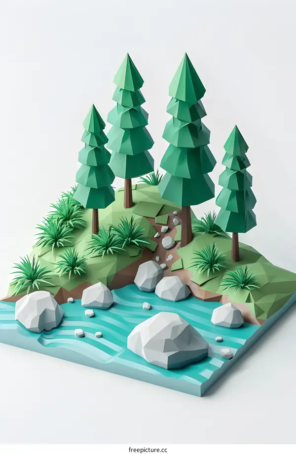Low Poly Paper Craft Forest with River and Rocks
