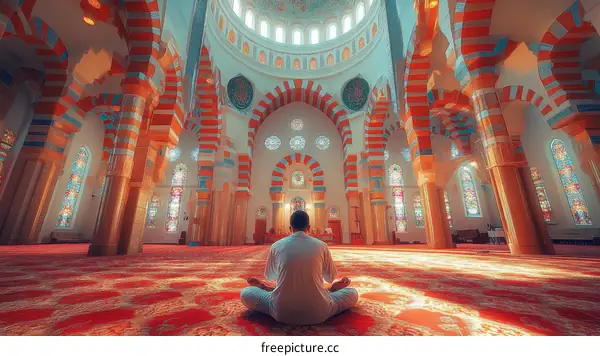 Beautiful Mosque Interior with a Man Praying