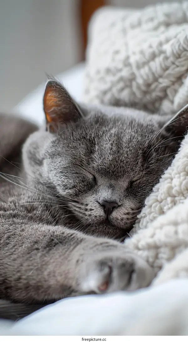 A gray cat is sleeping on a white blanket