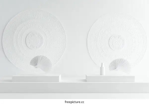 Elegant White Aesthetic Display Stand with Decorative Fan and Circular Pattern