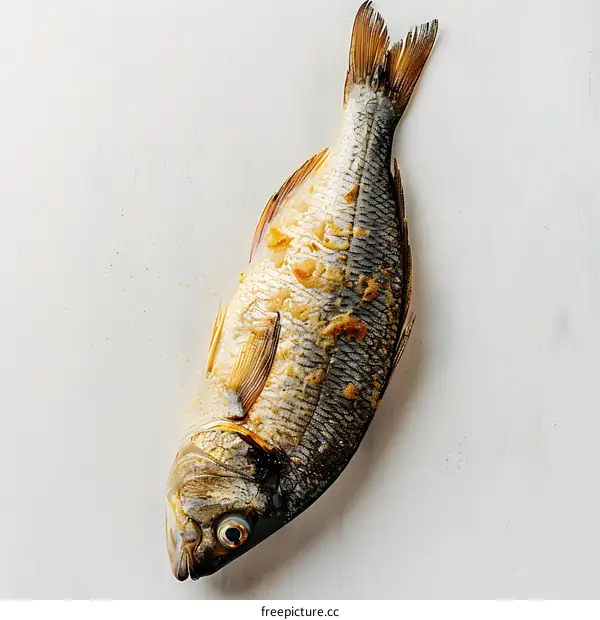 A fish lies on a white surface