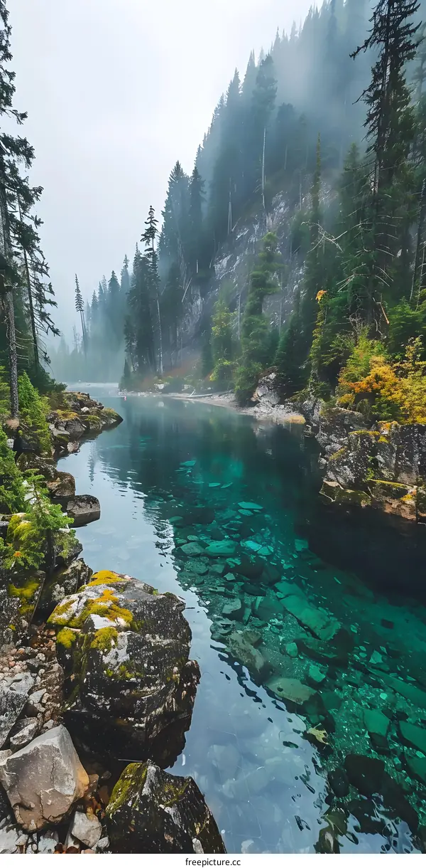 Crystal Clear River Flowing Through Forest