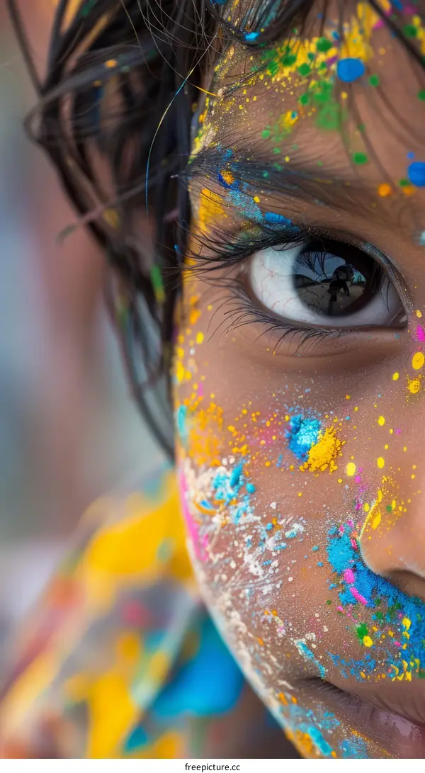 Portrait of a young Indian boy covered in colorful powder