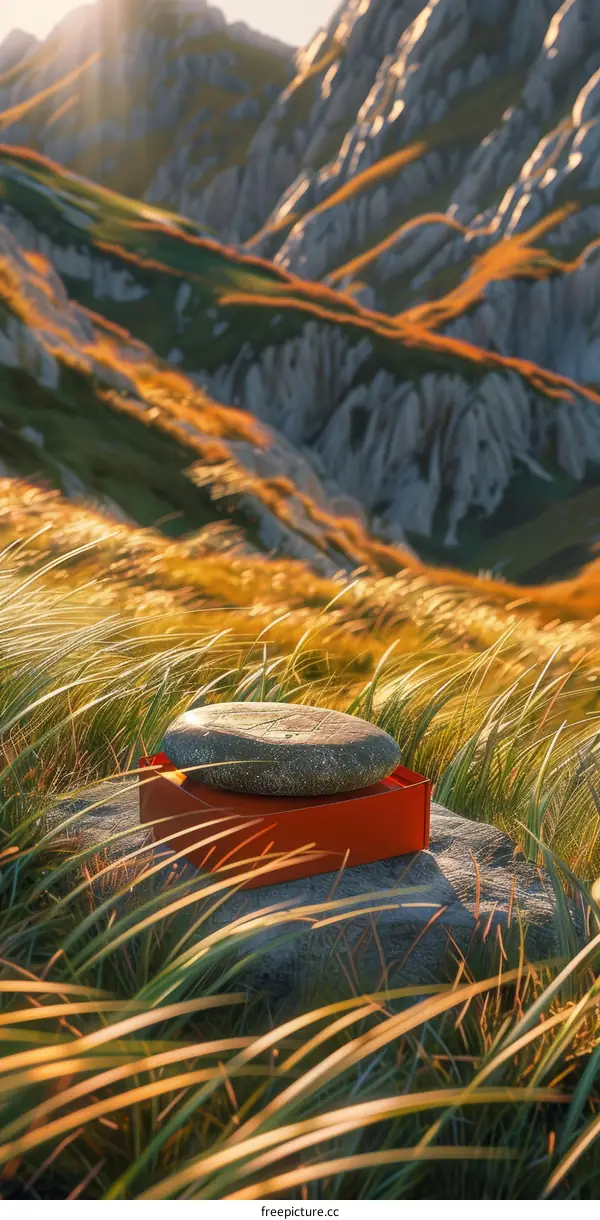 The grass field on the mountain with a stone on a red box