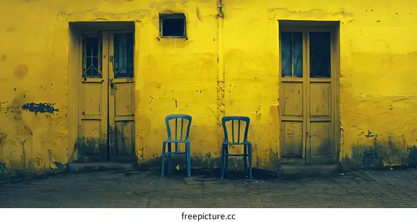 Two Blue Chairs Against a Yellow Wall in India