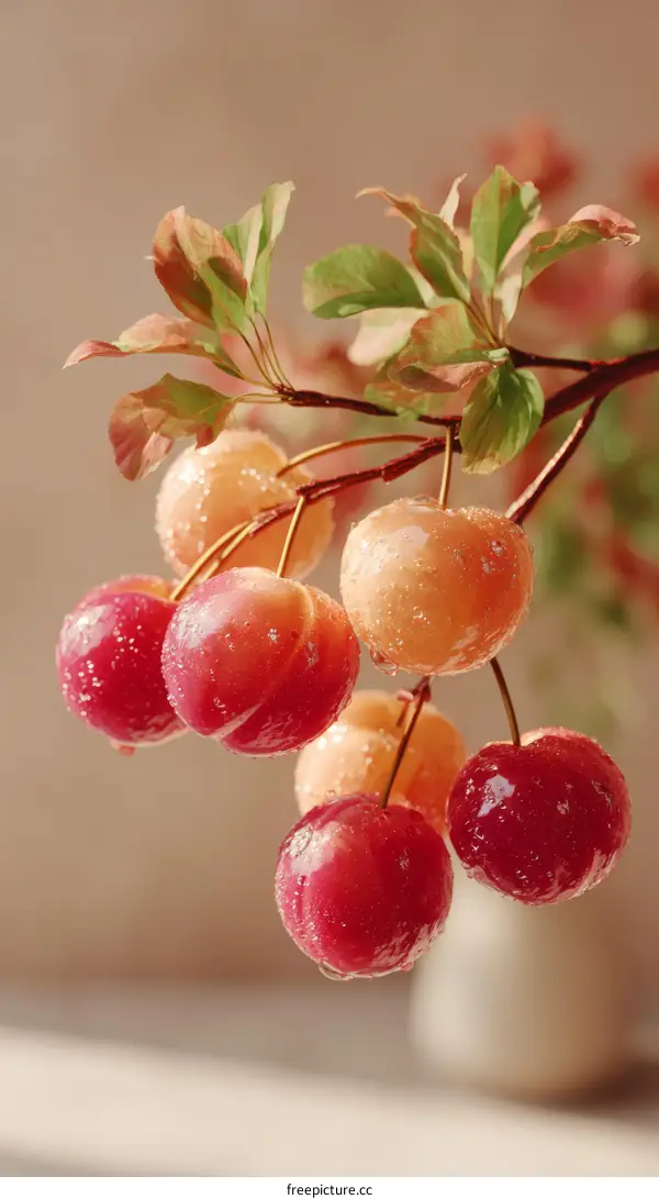 Water Droplets on Colorful Cherries on Branch