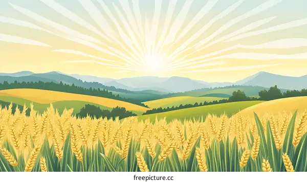 Wheat Field Landscape with Rolling Hills and Sunrise