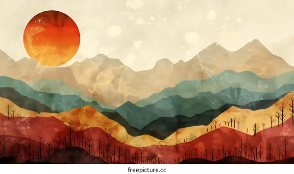 Abstract Mountain Landscape with a Red Sun
