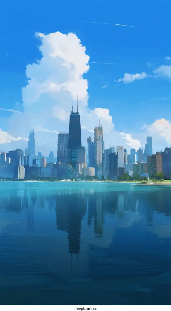 Vibrant Urban Skyline with Fluffy Clouds Over Calm Water Surface