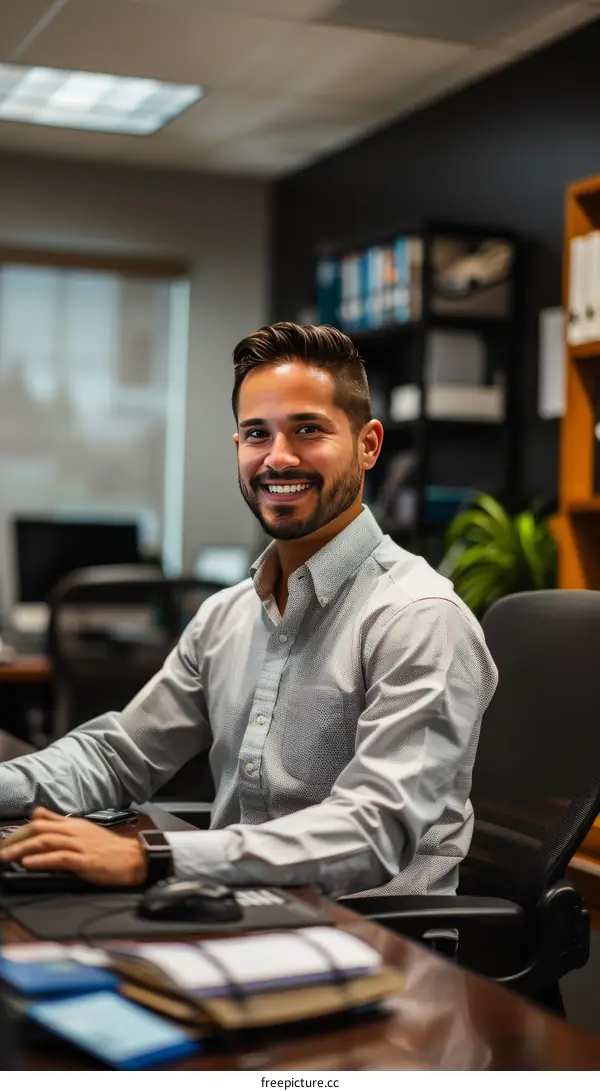 Hispanic businessman working at desk in modern office