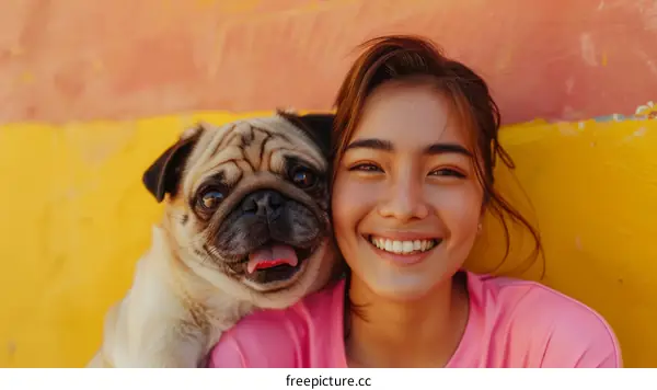 pug dog and a young woman with a bright smile
