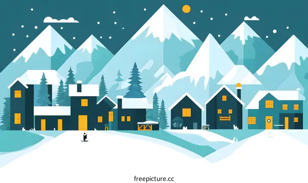 Winter Mountain Village Scene with Person Skiing