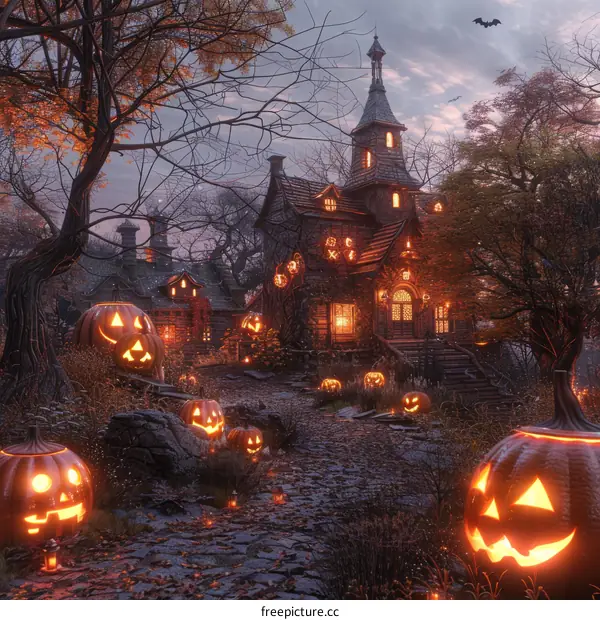 Haunted House in a Dark Forest with Jack-o'-Lanterns