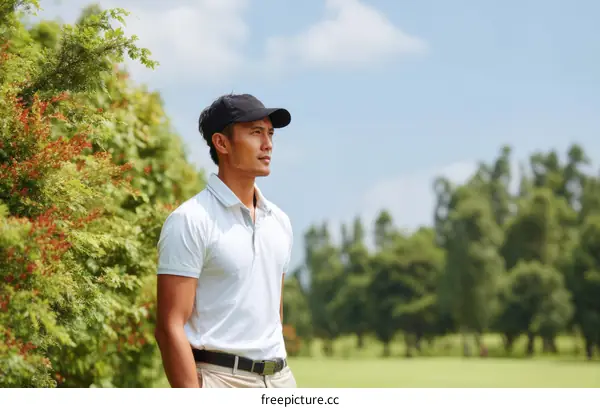 Asian Man Golfing in a Golf Course