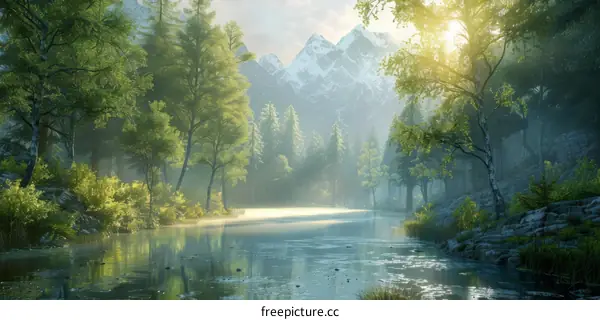 The sun shines through the forest and illuminates the river