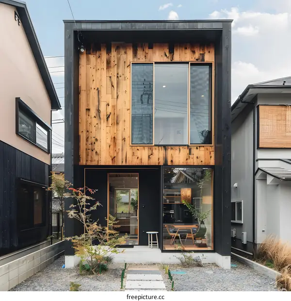 Modern Wooden House Exterior with Large Windows