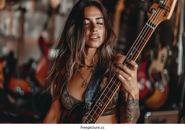 Sensual woman playing bass guitar with closed eyes