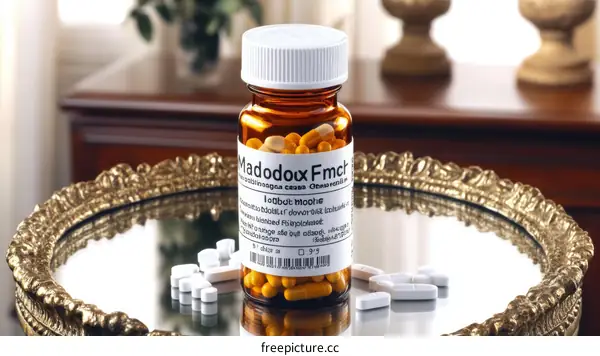 Prescription Medication Bottle and Pills on a Decorative Tray