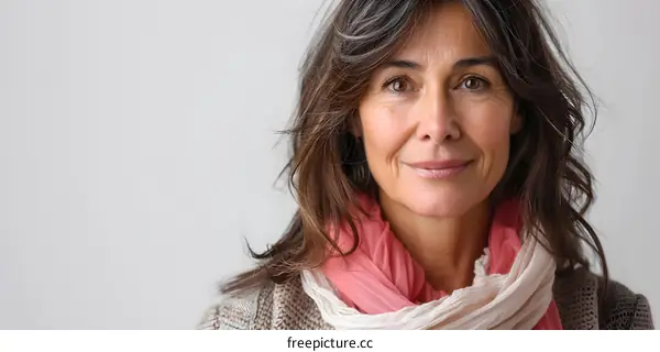 portrait of a smiling woman with brown hair and a pink scarf