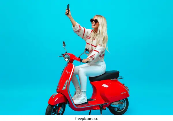 Woman Riding a Red Scooter Taking a Selfie Against a Blue Background