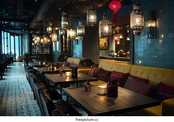 Modern Asian Restaurant Interior with Diverse People
