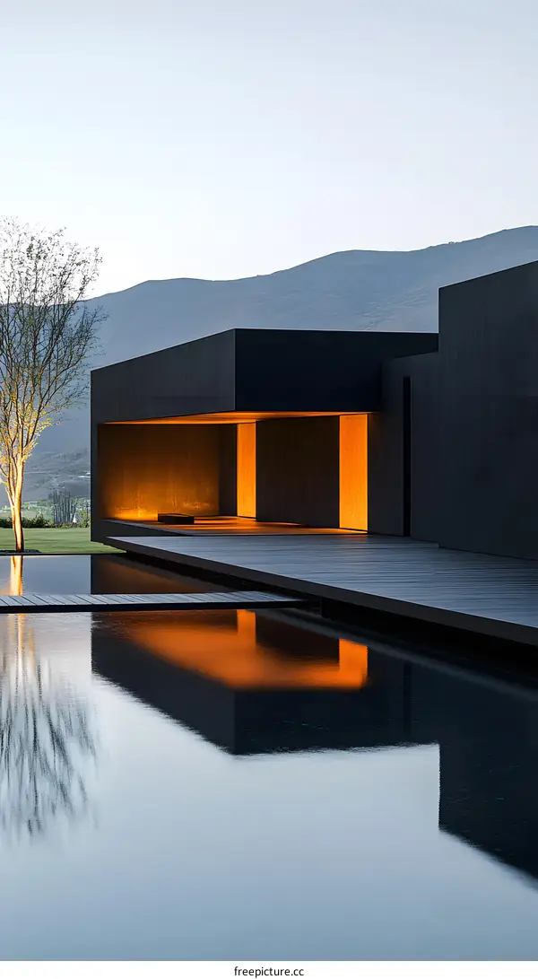 Modern Minimalist Black House With Reflection In Water