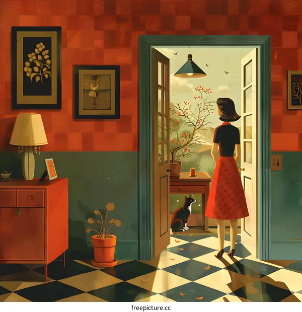 Woman Standing at Open Door with Cat