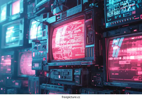 A wall of old televisions with pink and blue lights