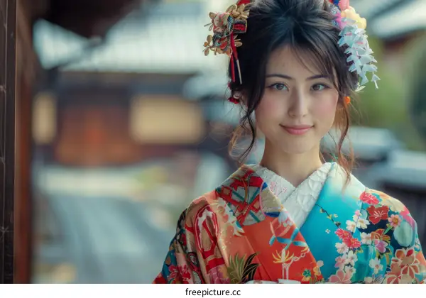 Portrait of a young woman in a kimono smiling
