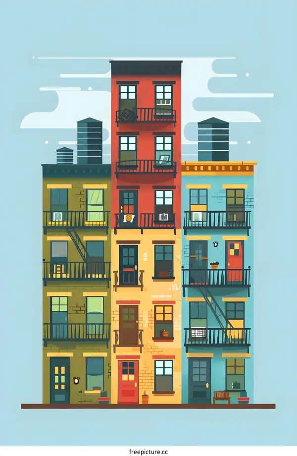 Colorful Illustration of Three Townhouses