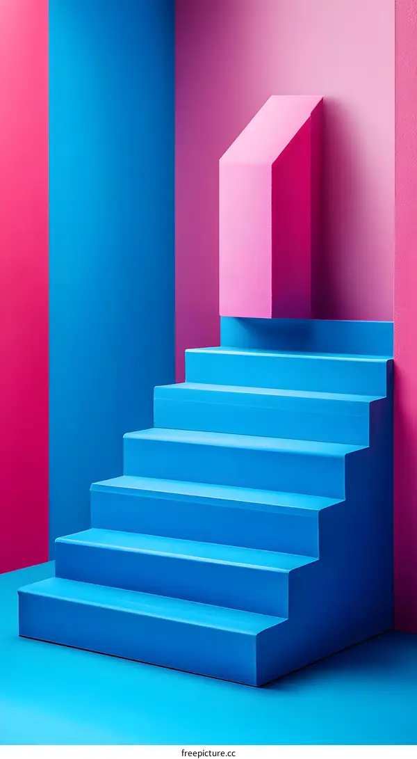 Abstract Minimalist Staircase with Pink and Blue Walls