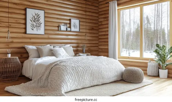 Cozy Log Cabin Bedroom with Winter View