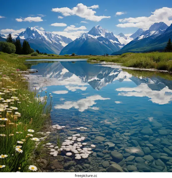 Mountains and lake reflecting the sky