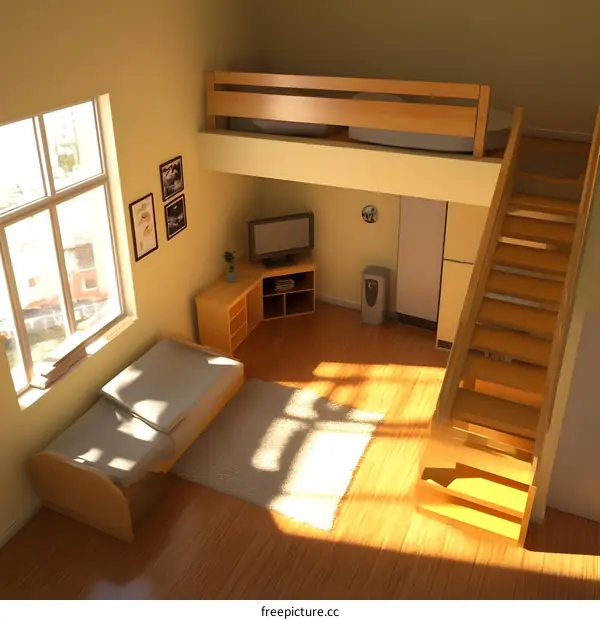 Modern Loft Apartment Interior Design With Wooden Stairs and Furniture