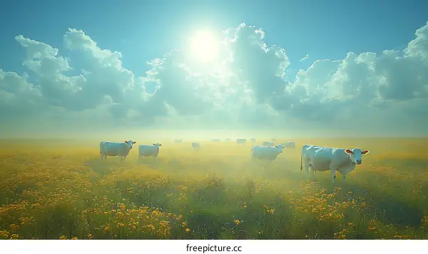 White Cows Grazing in a Field of Yellow Flowers Under a Cloudy Sky