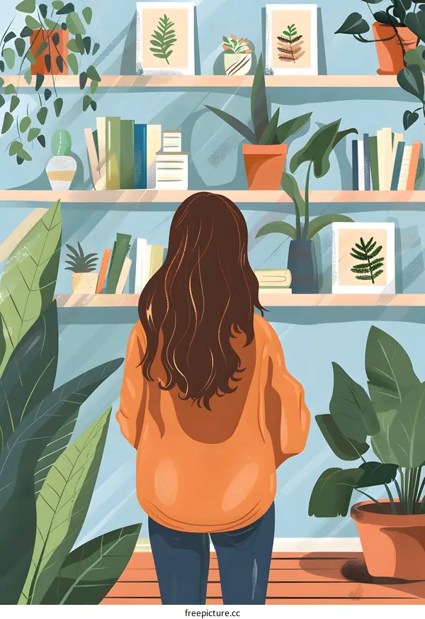 Woman Standing in Front of Bookshelf with Plants