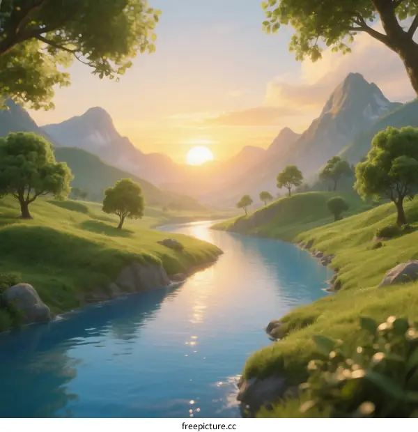 Beautiful Scenic River Flowing Through Lush Green Valley at Sunset