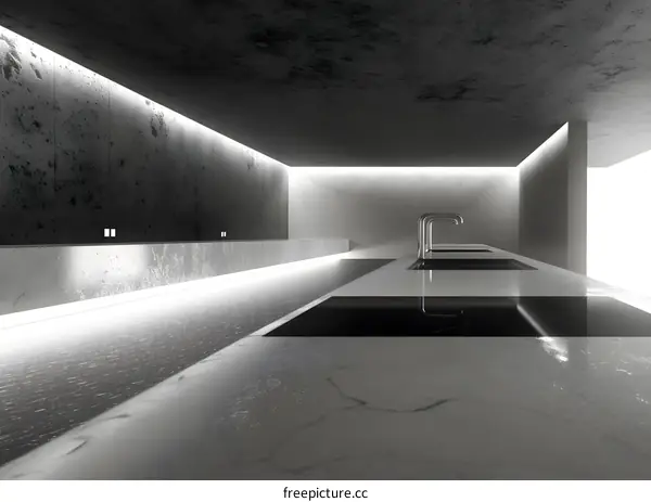 Modern Minimalist Kitchen Interior Design with Concrete Walls and Marble Countertops