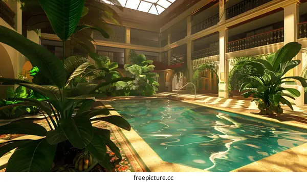 Indoor Tropical Courtyard with Pool and Plants