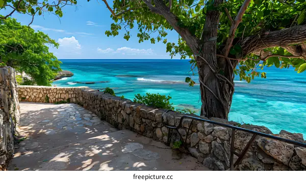 Stone Pathway Leading to Turquoise Caribbean Sea