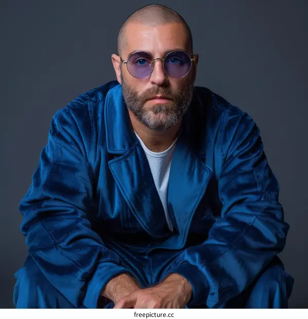 Man in Blue Velvet Suit and Sunglasses Posing Against Grey Background