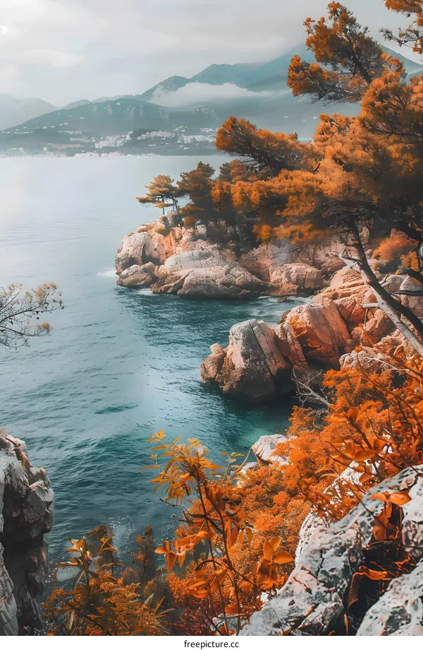 Autumn Landscape with Coastline and Mountains