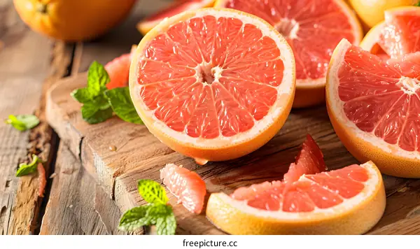 Freshly Cut Pink Grapefruit with Mint on Wooden Board