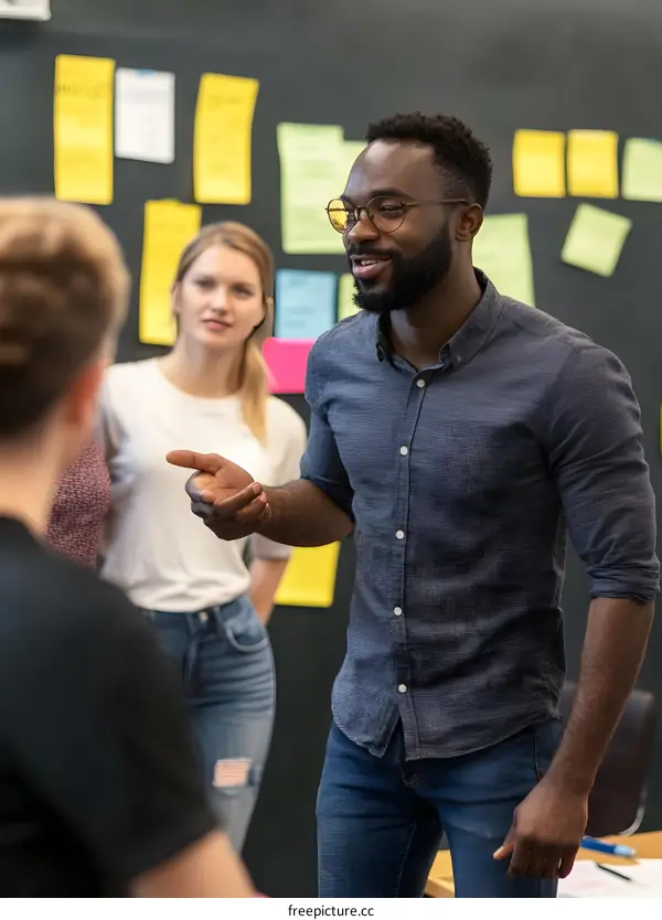 African American Male Speaker Leading Brainstorming Session with Team