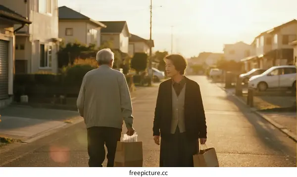 Elderly couple walking along quiet suburban street at sunset