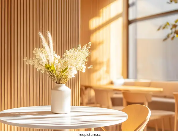 White Vase with Dried Flowers on a Round Table in a Modern Cafe