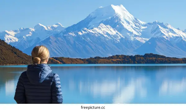 A Woman Contemplating Majestic Mountains and Lake